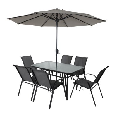 Комплект мебели садовой AksHome SUNBEAM (стол 1 шт, 6 кресел, зонт 1 шт), серый, черный Комплект мебели садовой AksHome SUNBEAM (стол 1 шт, 6 кресел, зонт 1 шт), серый, черный