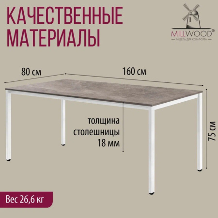 Стол Millwood Сеул, 1600х800 мм, бетон, белый
