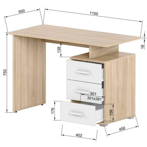 Стол письменный Фабрика Славянская Столица Осло Д-СП1, дуб сонома, белый