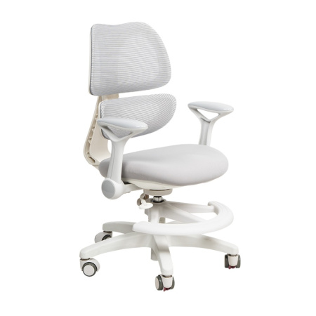 Кресло детское Ergosmart Antey, ткань, пластик, корпус белый, подставка для ног, с чехлом розовым, серый