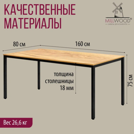 Стол Millwood Сеул, 1600х800 мм, дуб золотой крафт, черный