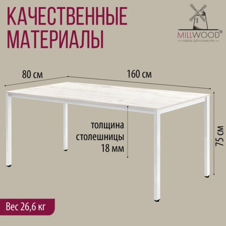 Стол Millwood Сеул, 1600х800 мм, дуб белый крафт, белый