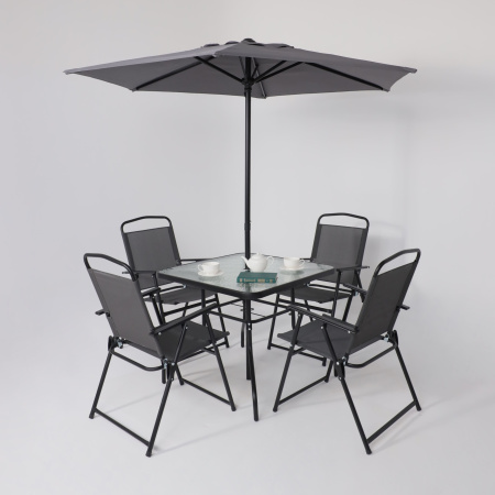 Комплект мебели садовой AksHome PICNIC (стол 1шт, 4 кресла, зонт 1шт), серый, черный