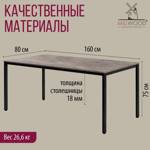 Стол Millwood Сеул, 1600х800 мм, бетон, черный