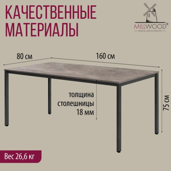 Стол Millwood Сеул, 1600х800 мм, бетон, графит