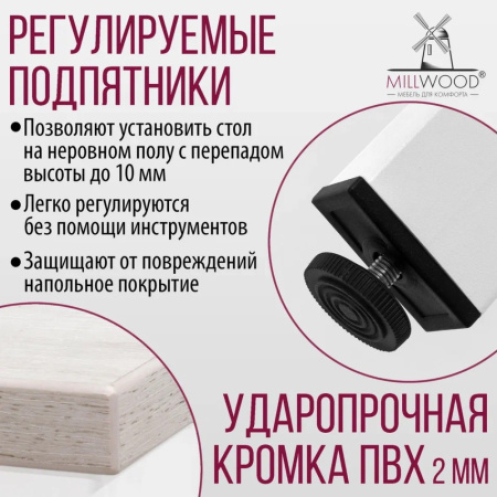 Стол Millwood Сеул, 1300х800 мм, дуб белый крафт, белый