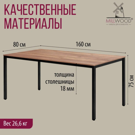 Стол Millwood Сеул, 1600х800 мм, дуб табачный крафт, черный