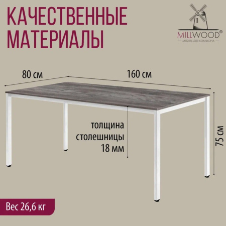 Стол Millwood Сеул, 1600х800 мм, сосна пасадена, белый