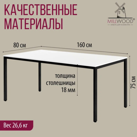 Стол Millwood Сеул, 1600х800 мм, белый, черный