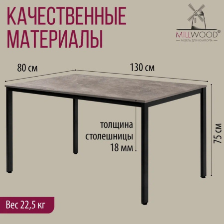 Стол Millwood Сеул, 1300х800 мм, бетон, черный
